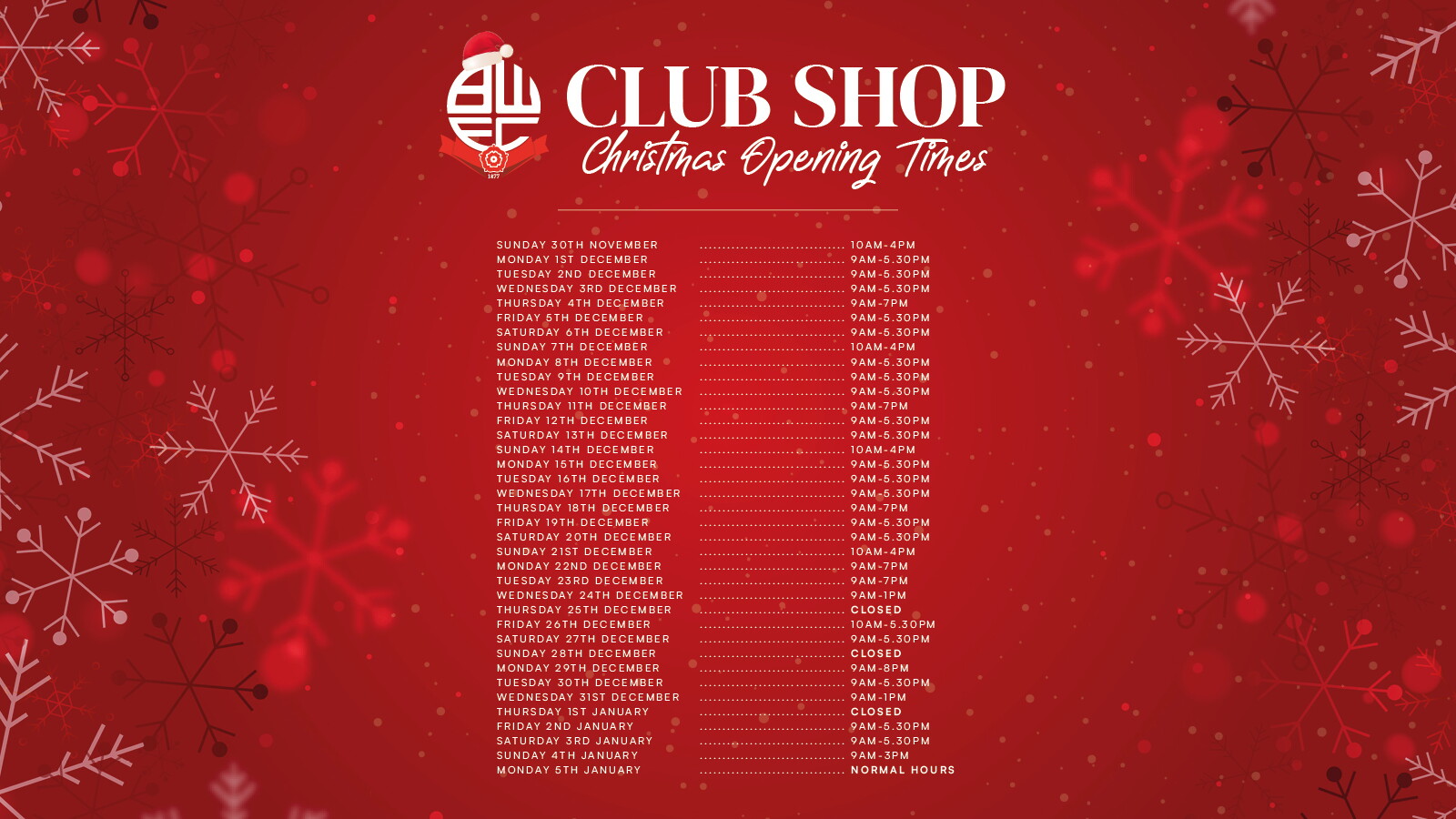 Bolton Wanderers Club Shop Opening Times